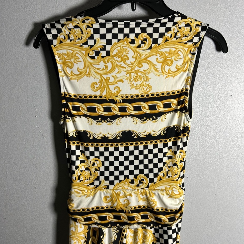 CAMEO Women Gold Black Baroque Checkerboard‎ Print Deep V-Neck Wide Leg Jumpsuit - Picture 6 of 6